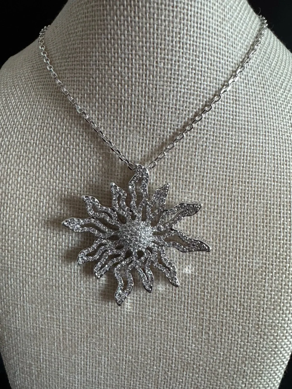 Sunburst Silver-tone Sparkling Pendant Necklace -  24” Adjustable Chain